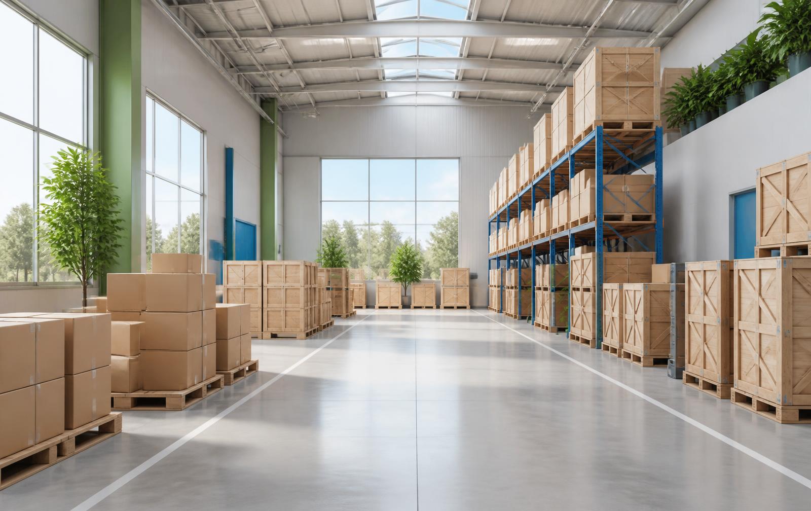 Bright warehouse with pallets of boxes ready to ship