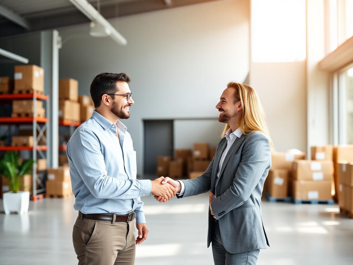 Two business partners shaking hands in a warehouse